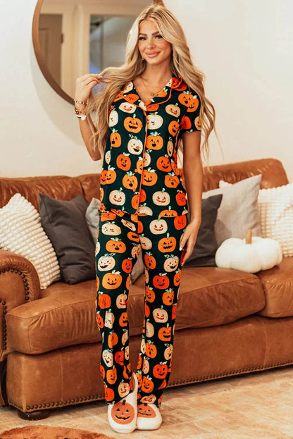 Pumpkin Printed Short Sleeve Top and Pants Lounge Set - Velveta Studio