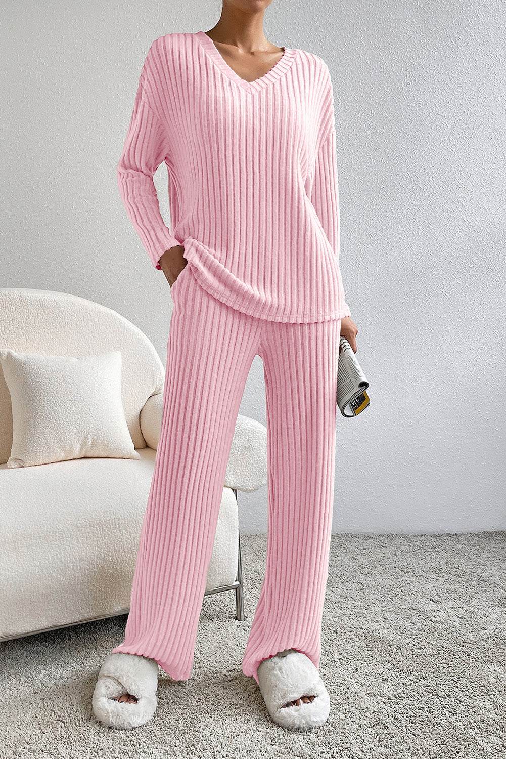 Ribbed V-Neck Top and Pants Lounge Set - Velveta Studio