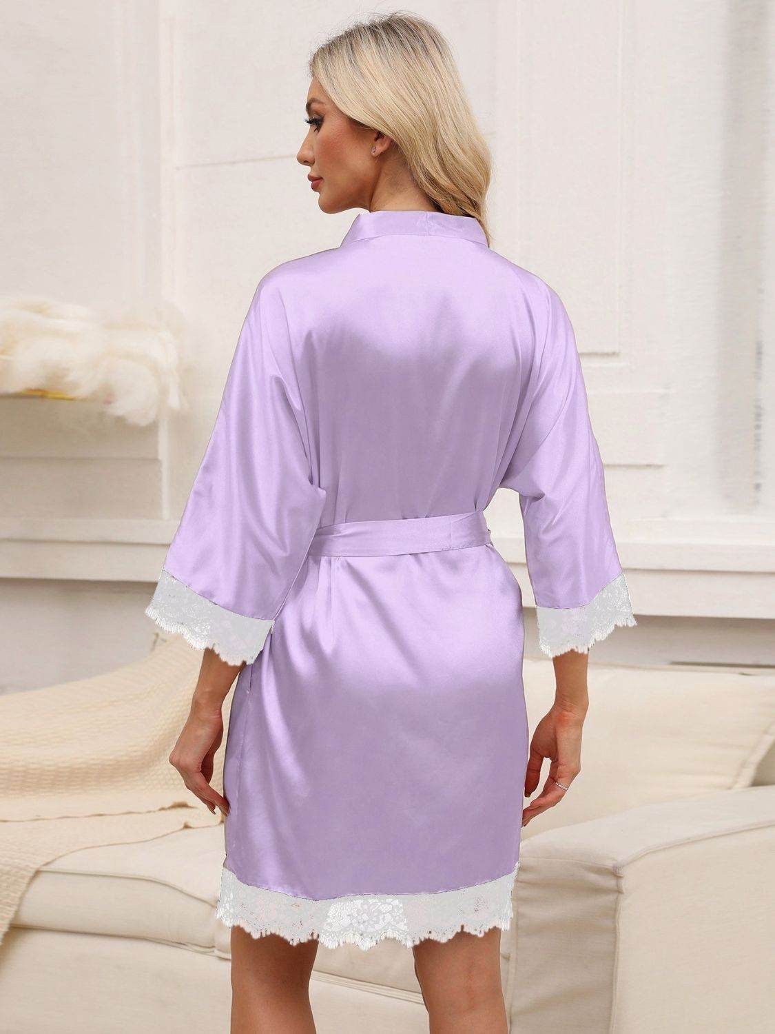 Tied Lace Detail Three-Quarter Sleeve Lounge Nightgown - Velveta Studio