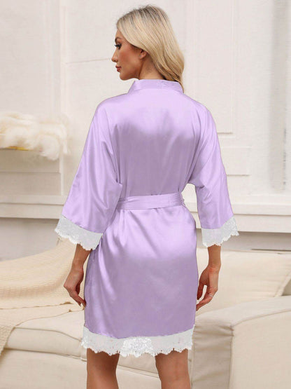 Tied Lace Detail Three-Quarter Sleeve Lounge Nightgown - Velveta Studio