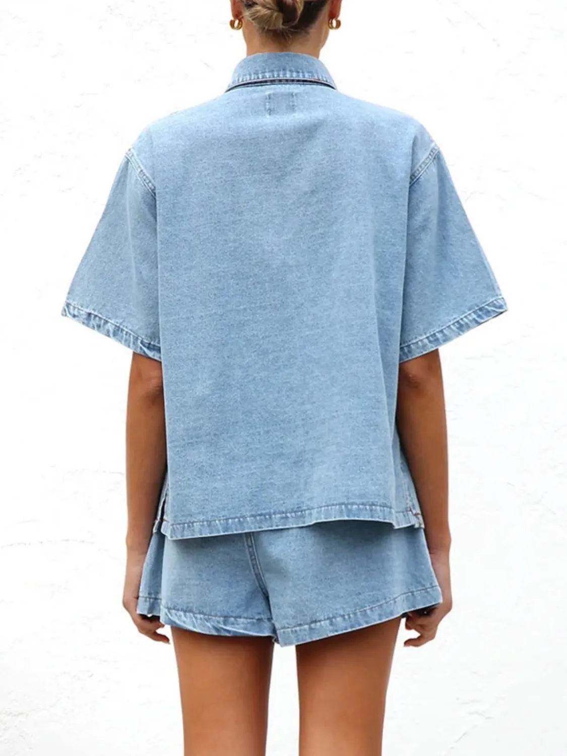 Button Up Short Sleeve Top and Shorts Denim Set - Velveta Studio