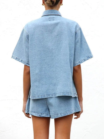 Button Up Short Sleeve Top and Shorts Denim Set - Velveta Studio