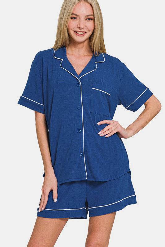 Zenana Button Down Short Sleeve Top and Shorts Lounge Set - Velveta Studio