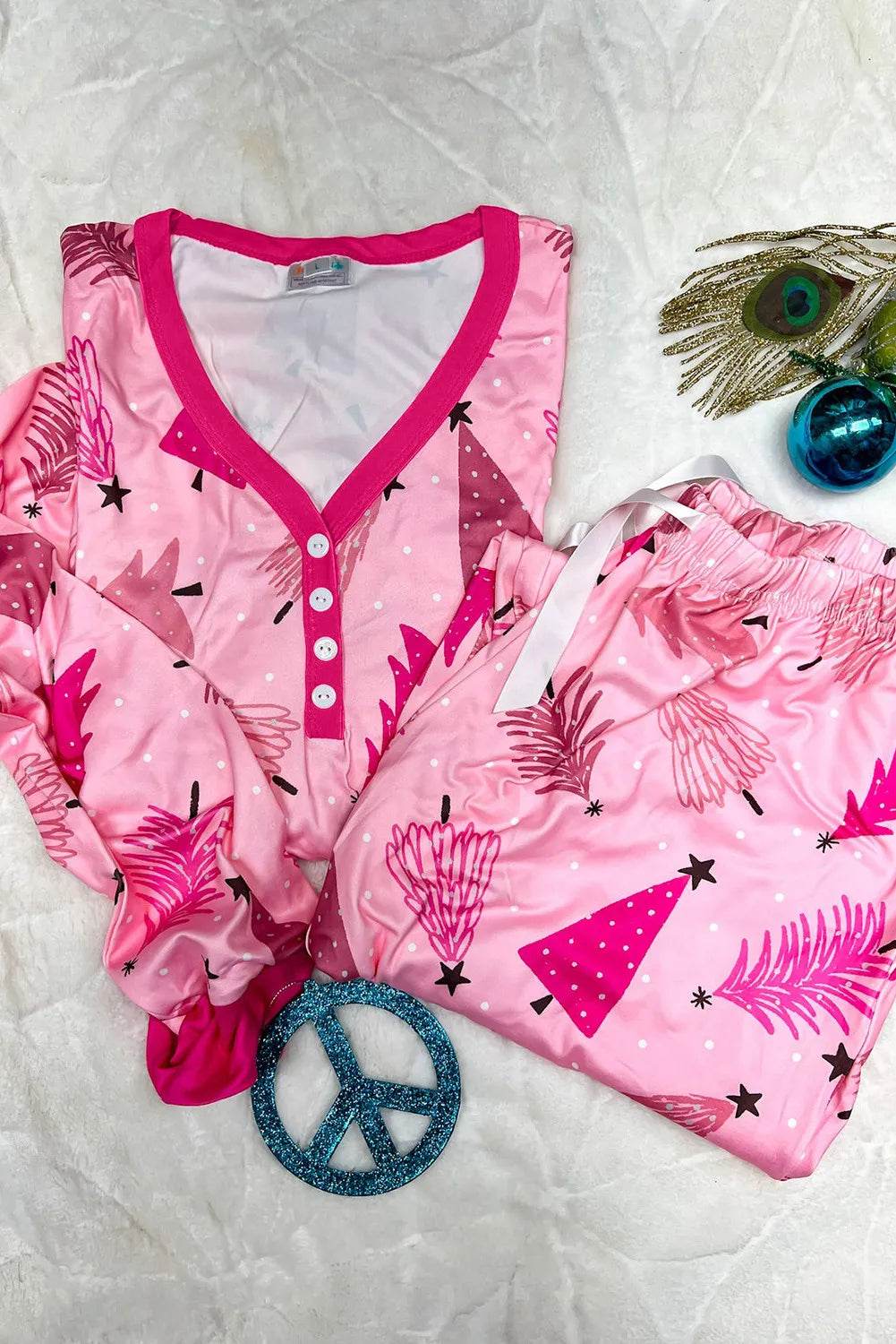 Printed V-Neck Long Sleeve Top and Pants Lounge Set - Velveta Studio