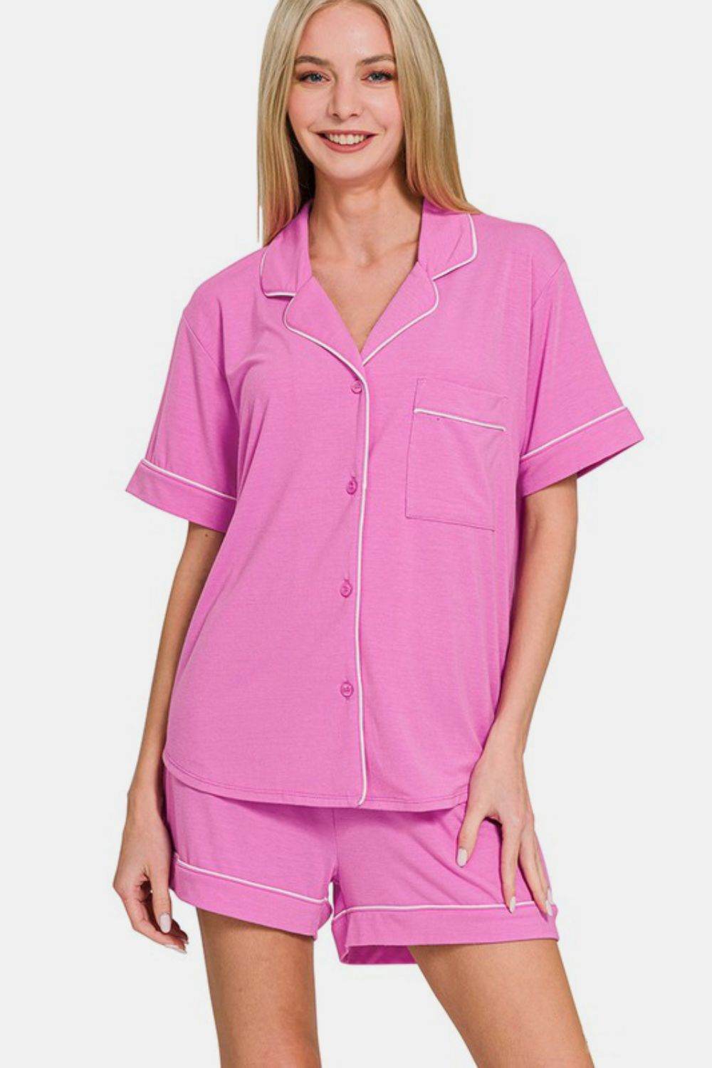 Zenana Button Down Short Sleeve Top and Shorts Lounge Set - Velveta Studio