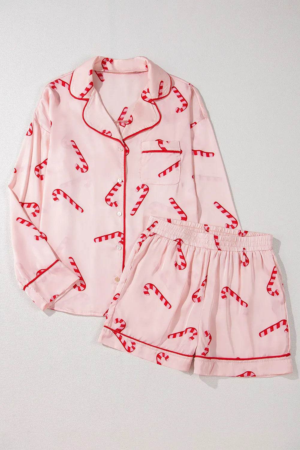 Candy Cane Collared Neck Long Sleeve Top and Shorts Lounge Set - Velveta Studio