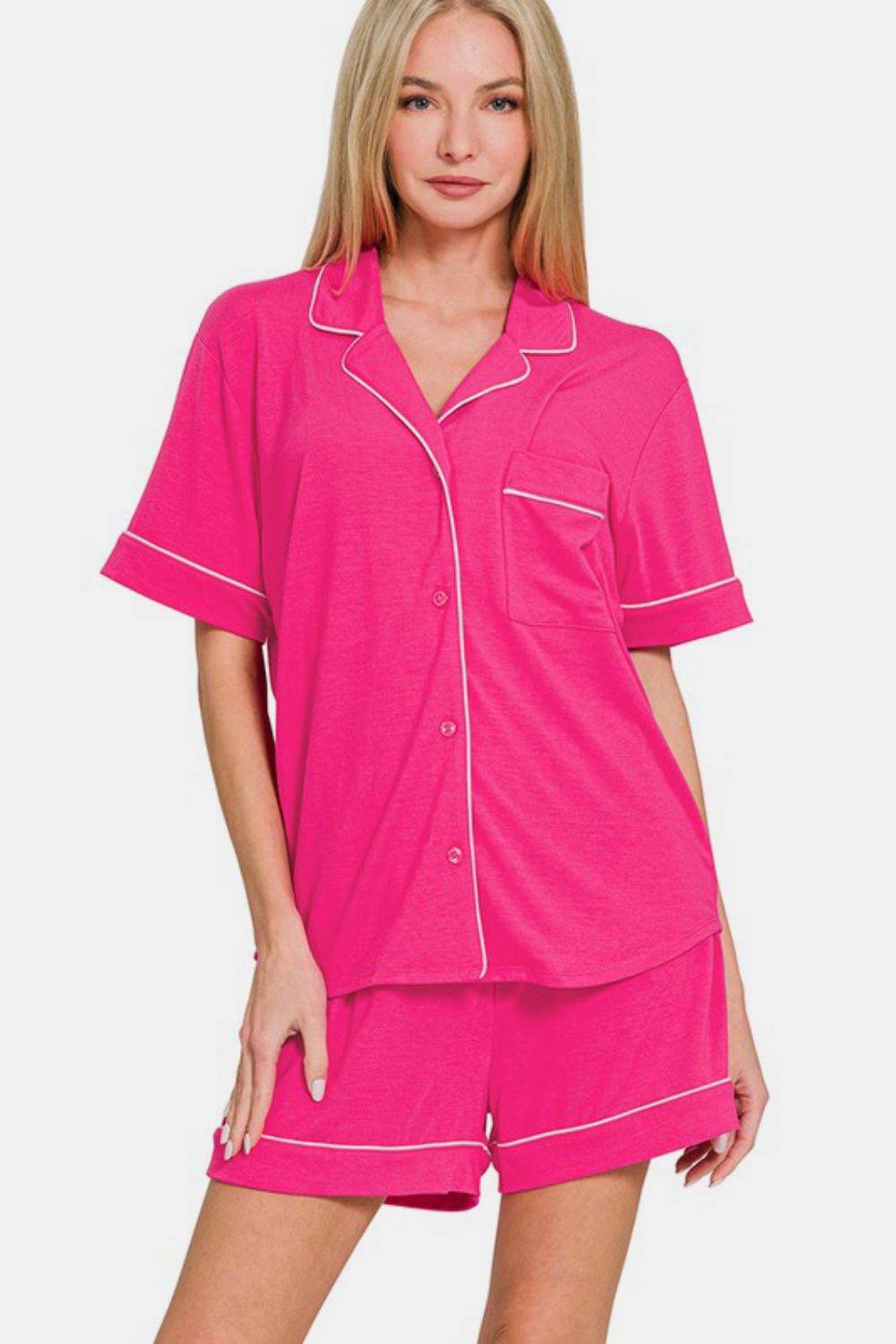 Zenana Button Down Short Sleeve Top and Shorts Lounge Set - Velveta Studio