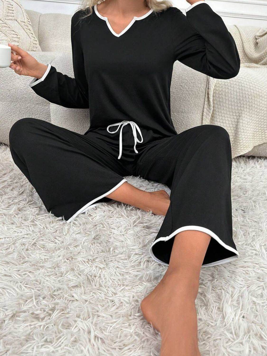 Contrast Trim Notched Long Sleeve Top and Pants Lounge Set - Velveta Studio