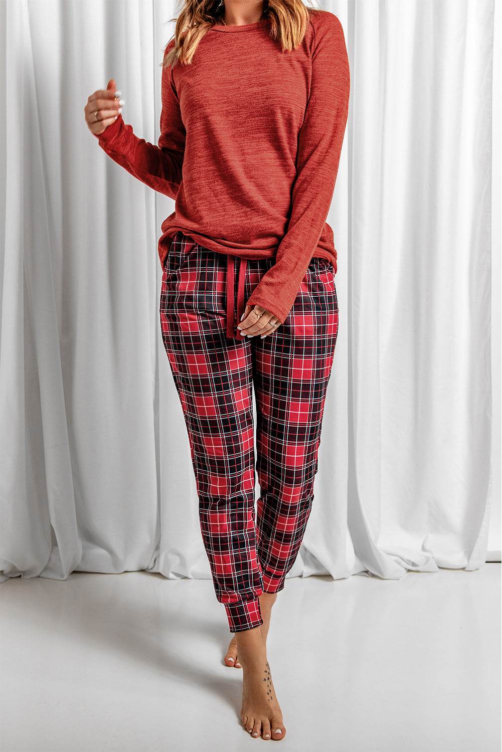 Round Neck Top and Drawstring Plaid Pants Lounge Set - Velveta Studio