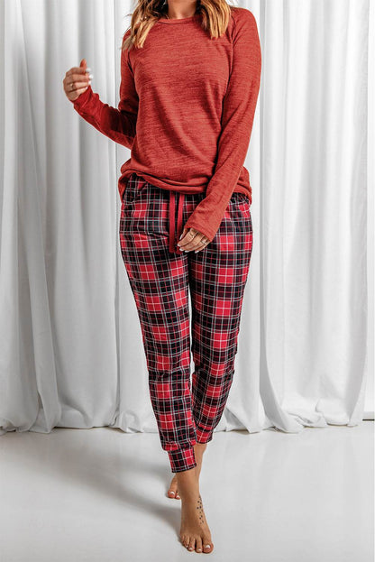 Round Neck Top and Drawstring Plaid Pants Lounge Set - Velveta Studio