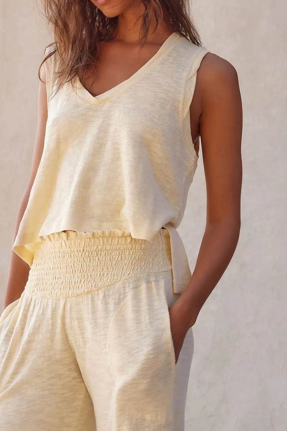 Solid Color Tank Top and Smocked Waist Pants Set - Velveta Studio