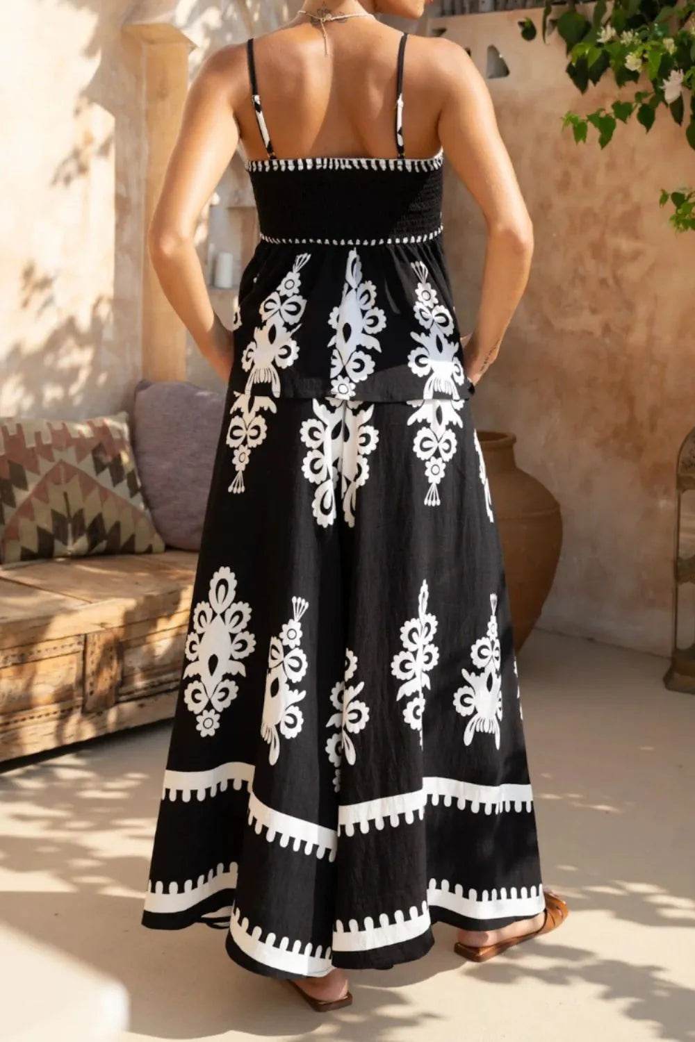 Printed Square Neck Cami and Wide Leg Pants Set - Velveta Studio
