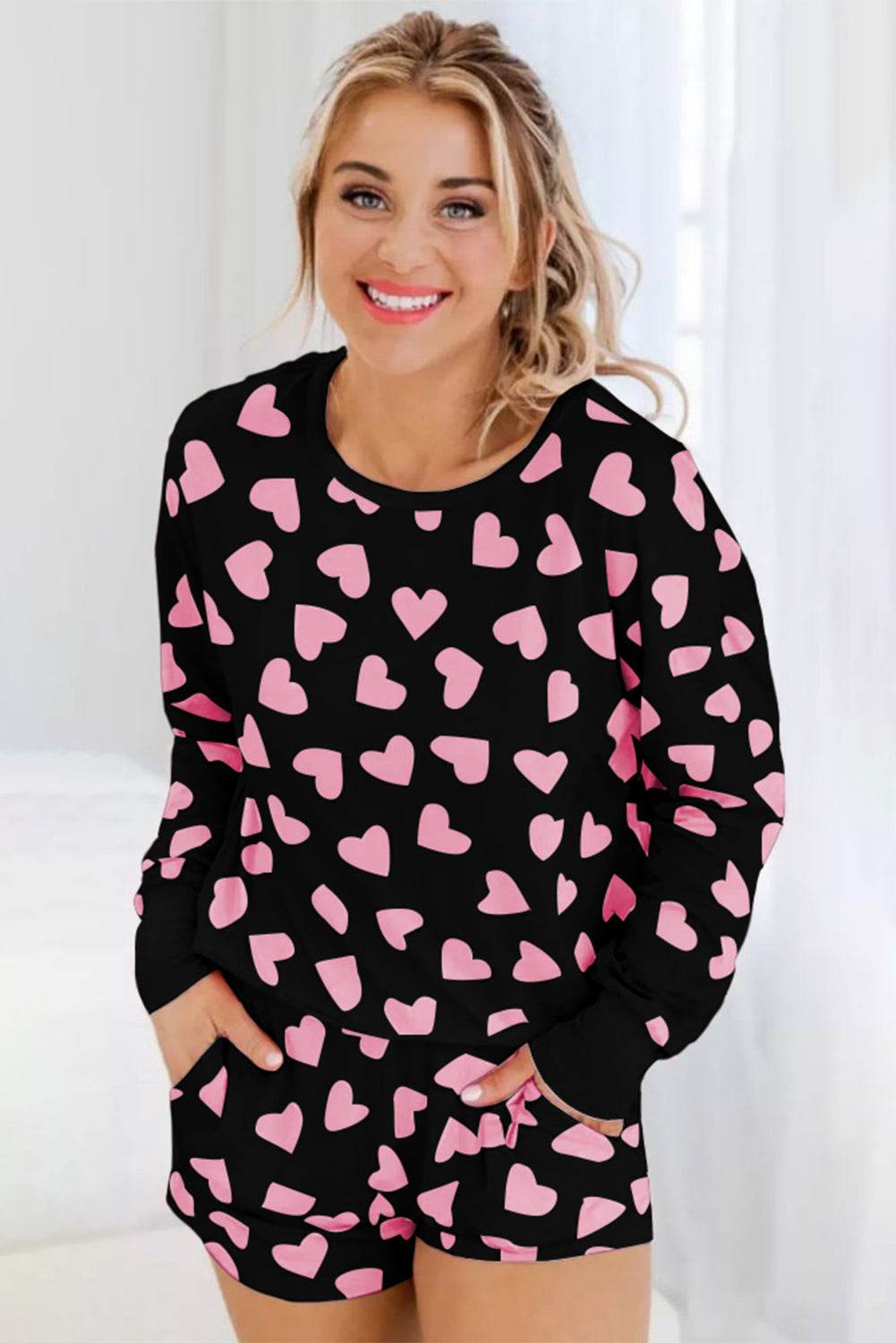 Heart Print Long Sleeve Top and Shorts Lounge Set - Velveta Studio