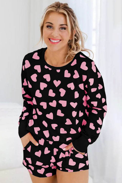 Heart Print Long Sleeve Top and Shorts Lounge Set - Velveta Studio