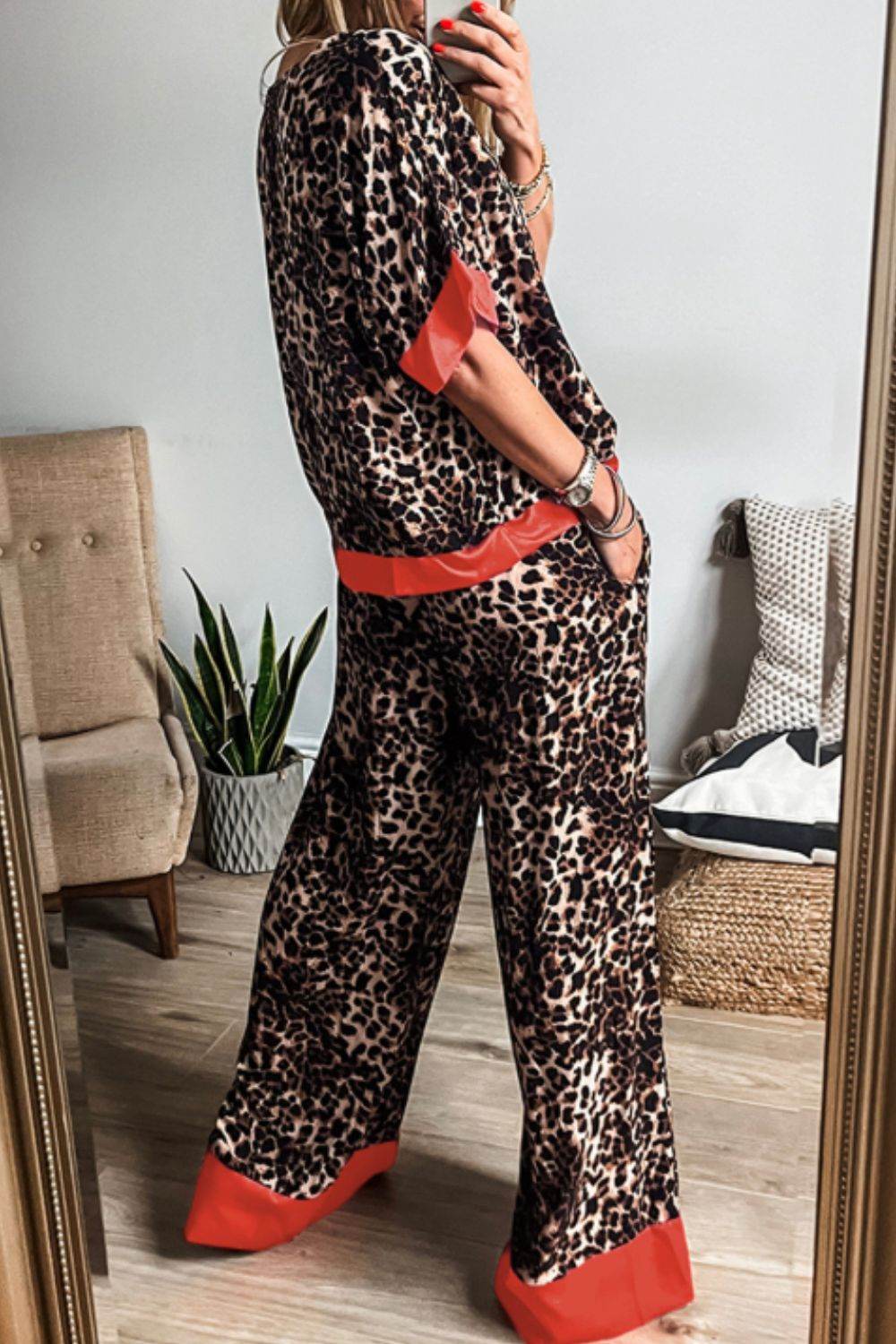 Contrast Trim Leopard Round Neck Top and Pants Lounge Set - Velveta Studio