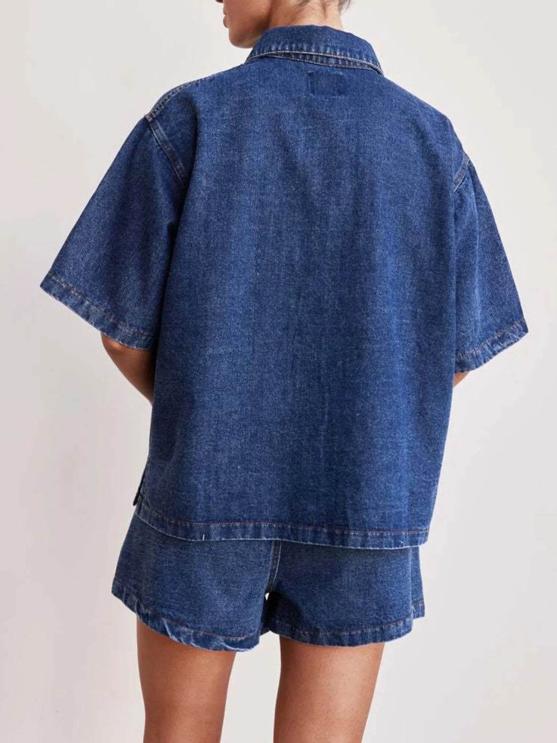 Button Up Short Sleeve Top and Shorts Denim Set - Velveta Studio
