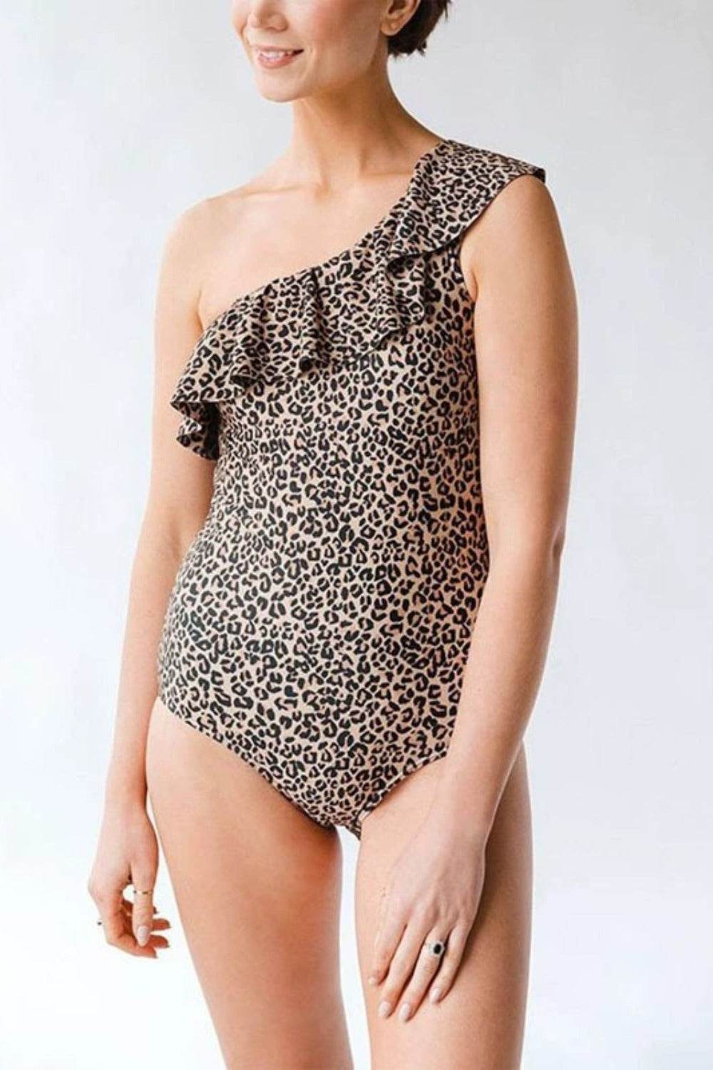Full Size Ruffled Leopard Single Shoulder One-Piece Swimwear - Velveta Studio