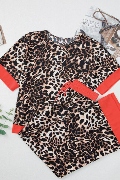Contrast Trim Leopard Round Neck Top and Pants Lounge Set - Velveta Studio