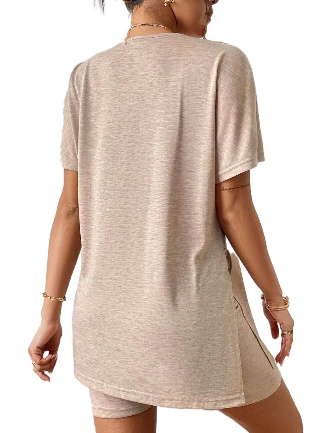 Slit Round Neck Short Sleeve Oversized Top and Shorts Set - Velveta Studio