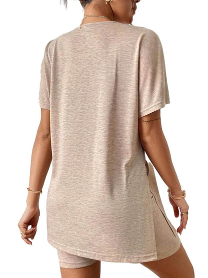 Slit Round Neck Short Sleeve Oversized Top and Shorts Set - Velveta Studio