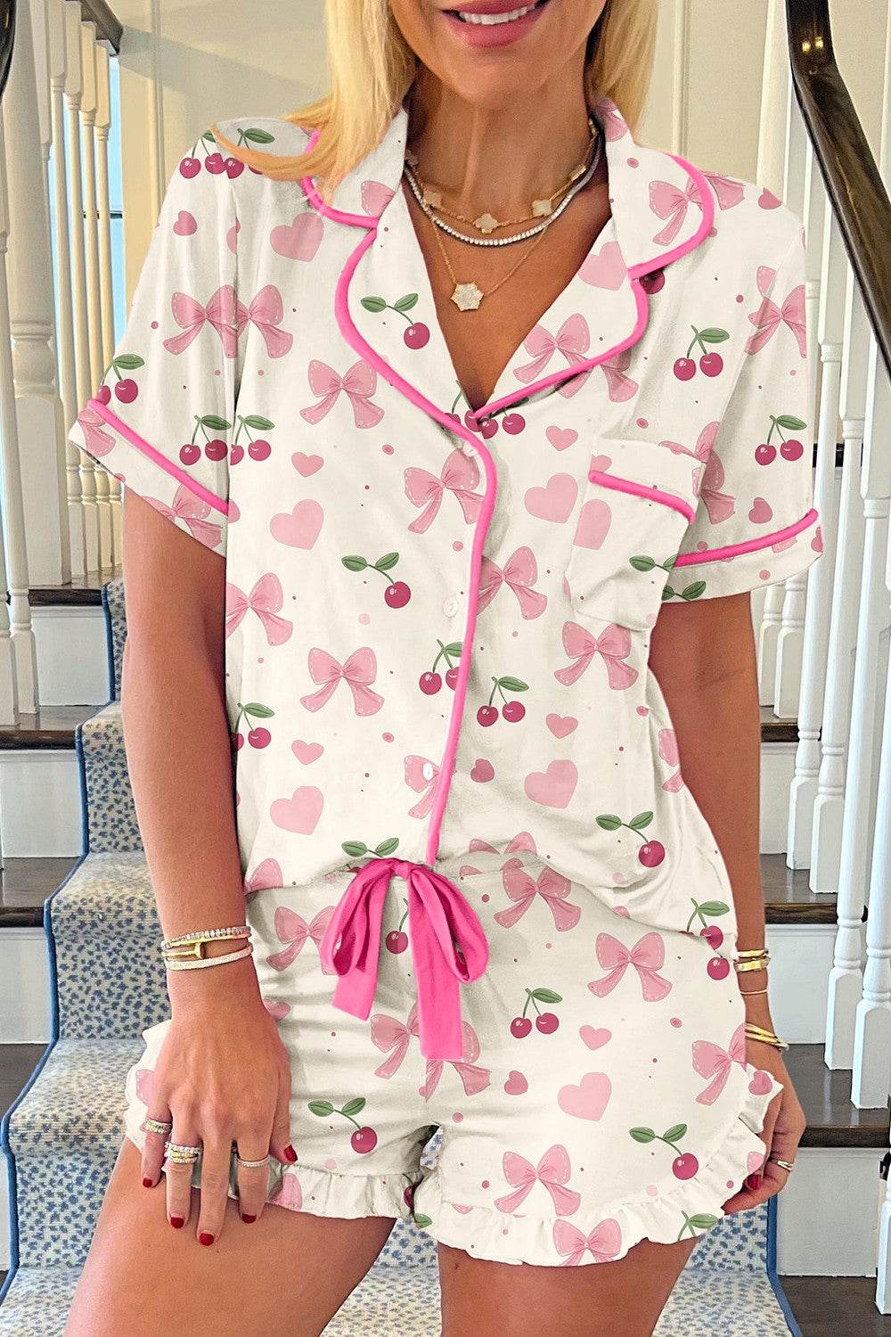 Printed Button Up Short Sleeve Top and Shorts Lounge Set - Velveta Studio