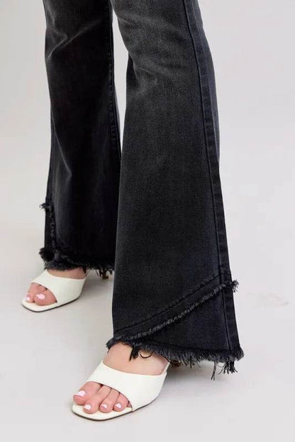Full Size High Waist Flare W/ Mock Fray Tulip Hem Plus Size - Velveta Studio