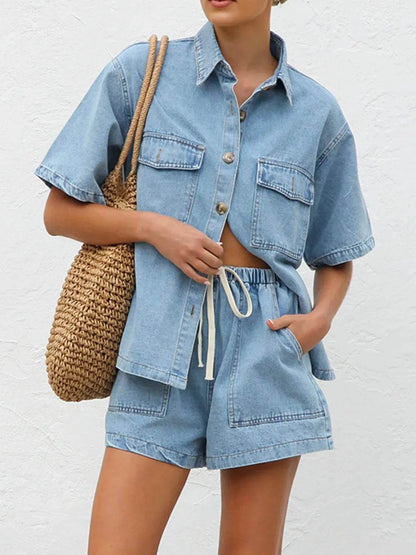 Button Up Short Sleeve Top and Shorts Denim Set - Velveta Studio