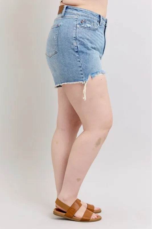 Judy Blue Plus Size HW Rigid Magic Destroy Cut Off Denim Shorts - Velveta Studio