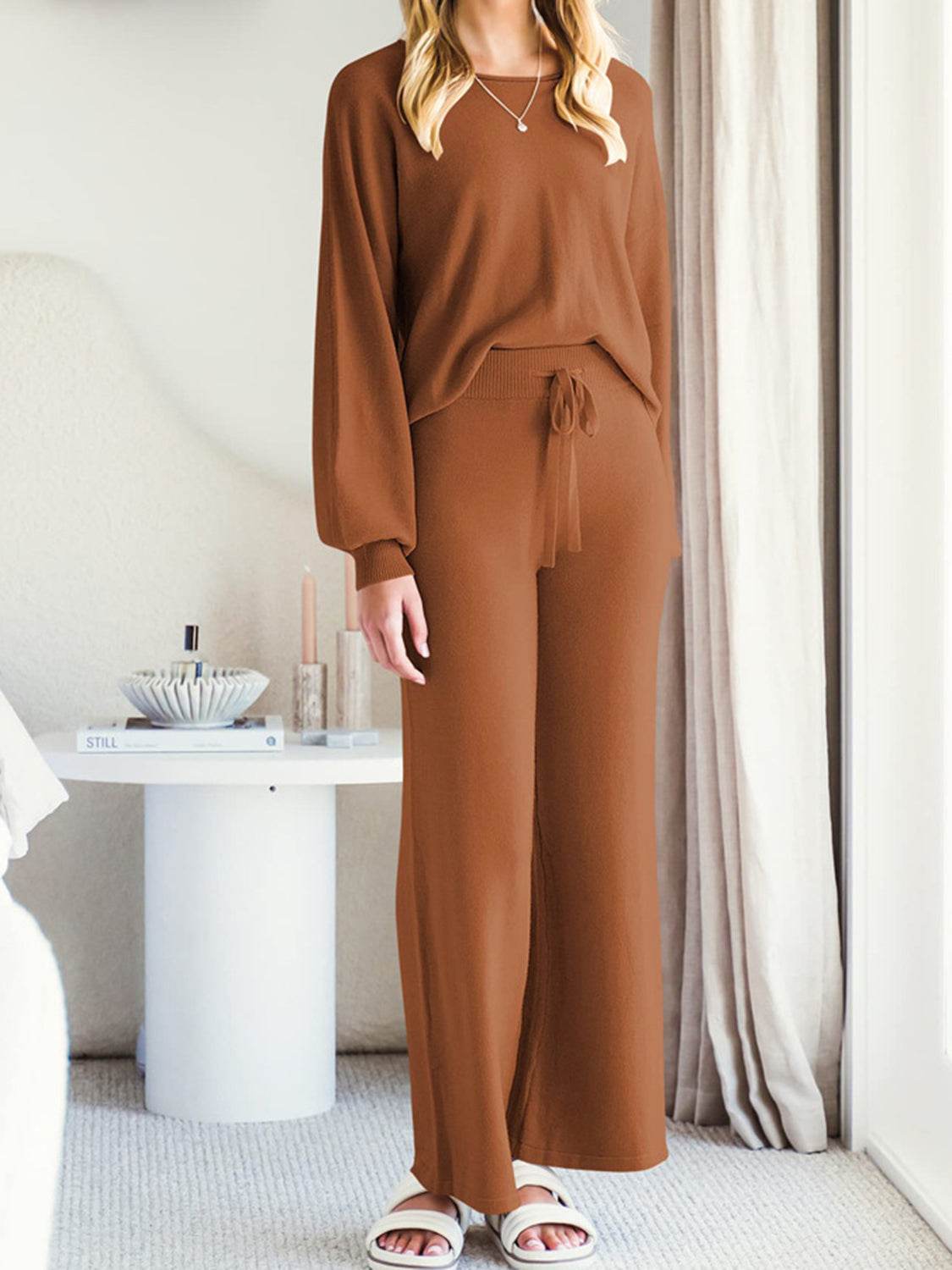 Long Sleeve Lounge Top and Drawstring Pants Set - Velveta Studio