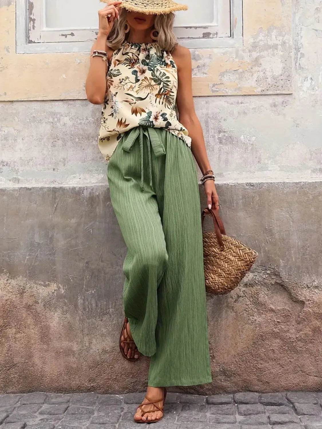 Printed Tank Top and Wide Leg Pants Set - Velveta Studio
