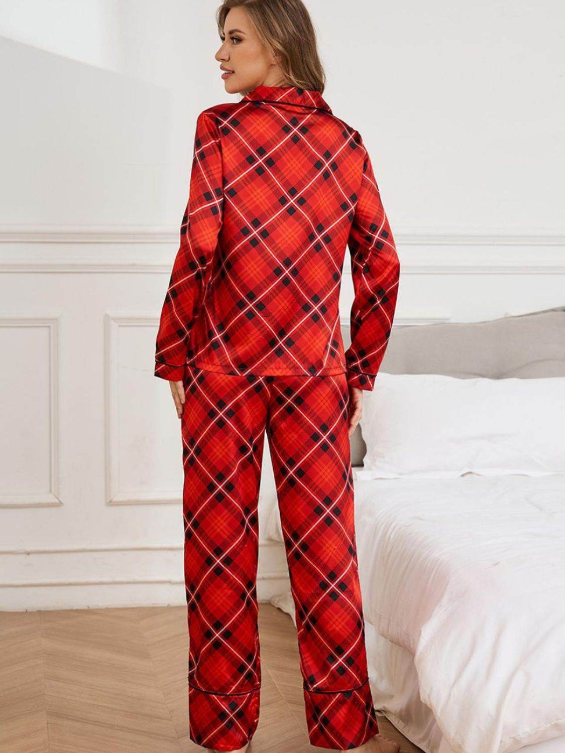 Plaid Button Up Long Sleeve Top and Pants Lounge Set - Velveta Studio