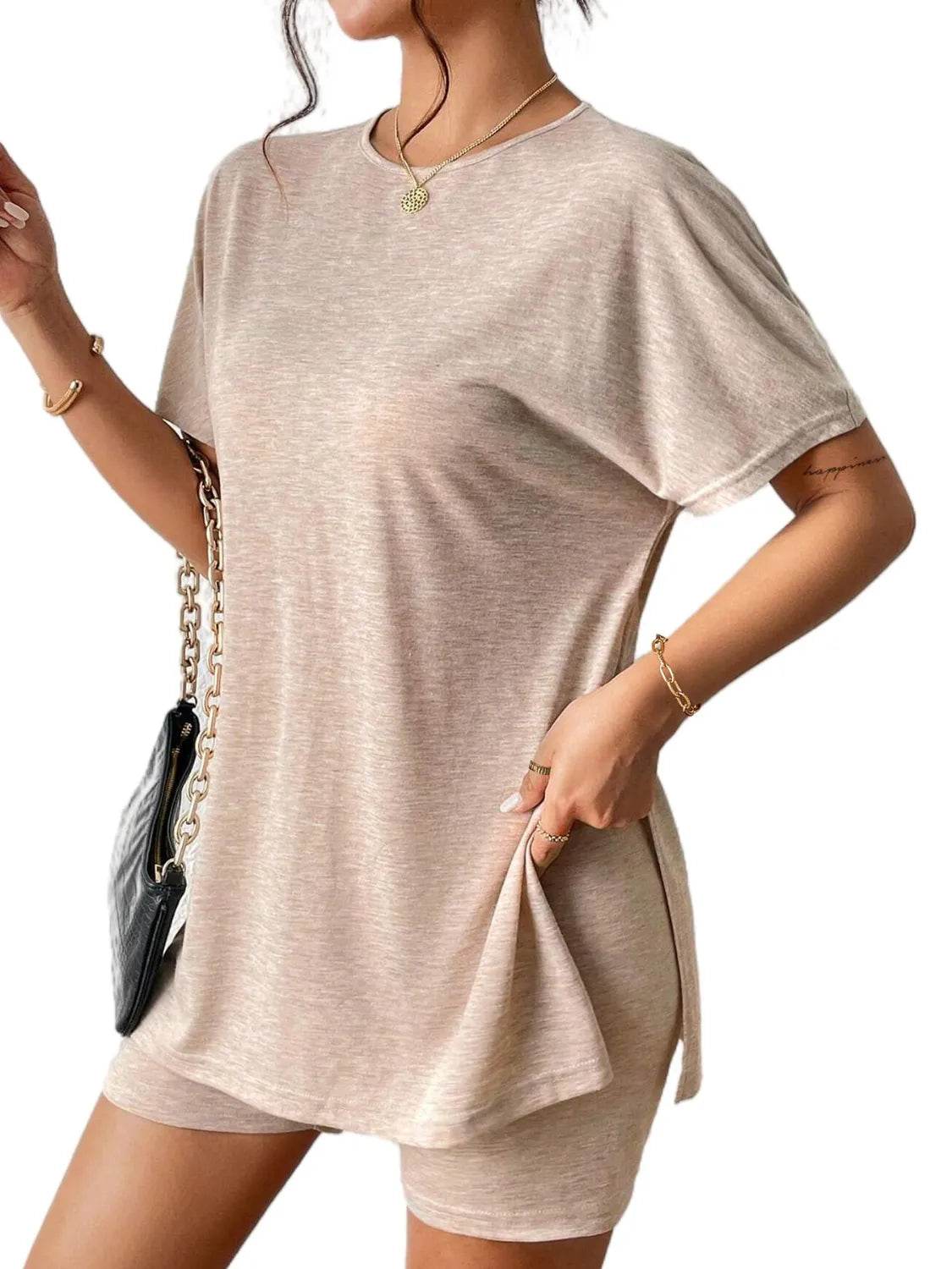 Slit Round Neck Short Sleeve Oversized Top and Shorts Set - Velveta Studio