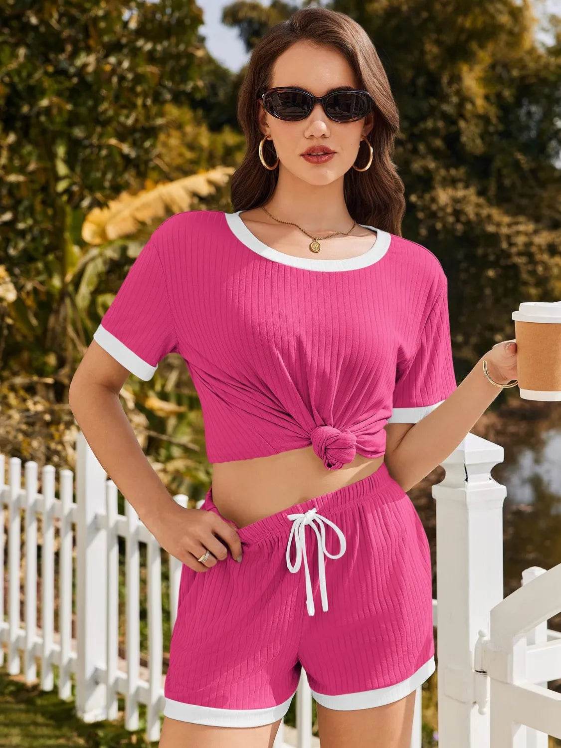 Ribbed Round Neck Top and Shorts Set - Velveta Studio