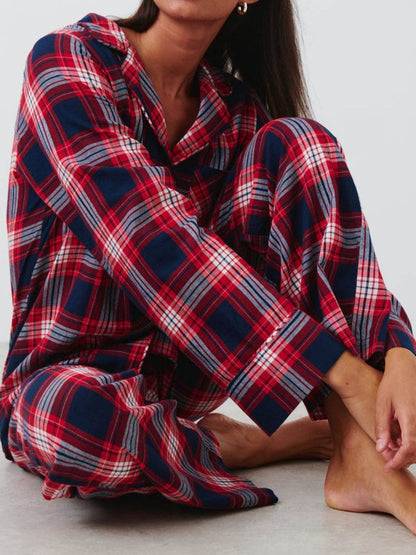 Plaid Collared Neck Button Up Top and Pants Lounge Set - Velveta Studio