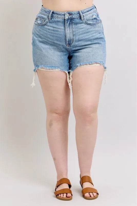 Judy Blue Plus Size HW Rigid Magic Destroy Cut Off Denim Shorts - Velveta Studio