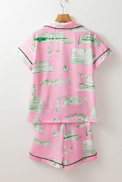 Collared Neck Printed Top and Drawstring Shorts Lounge Set - Velveta Studio