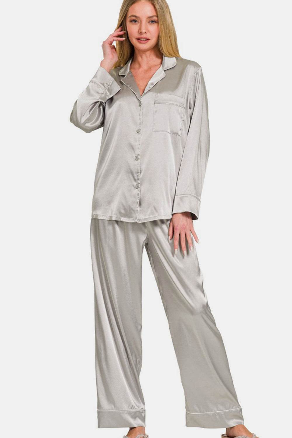 Zenana Satin Long Sleeve Shirt and Pants Pajama Set - Velveta Studio