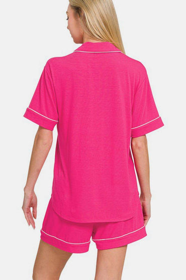 Zenana Button Down Short Sleeve Top and Shorts Lounge Set - Velveta Studio