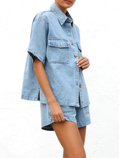 Button Up Short Sleeve Top and Shorts Denim Set - Velveta Studio