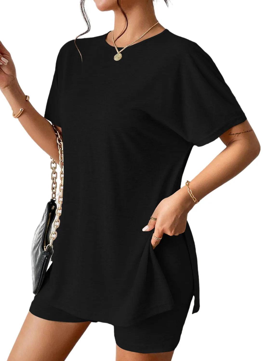 Slit Round Neck Short Sleeve Oversized Top and Shorts Set - Velveta Studio