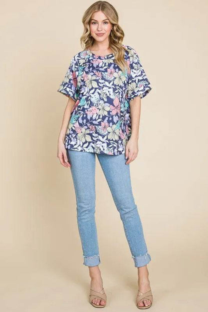 BOMBOM Floral Round Neck Short Sleeve T-Shirt - Velveta Studio