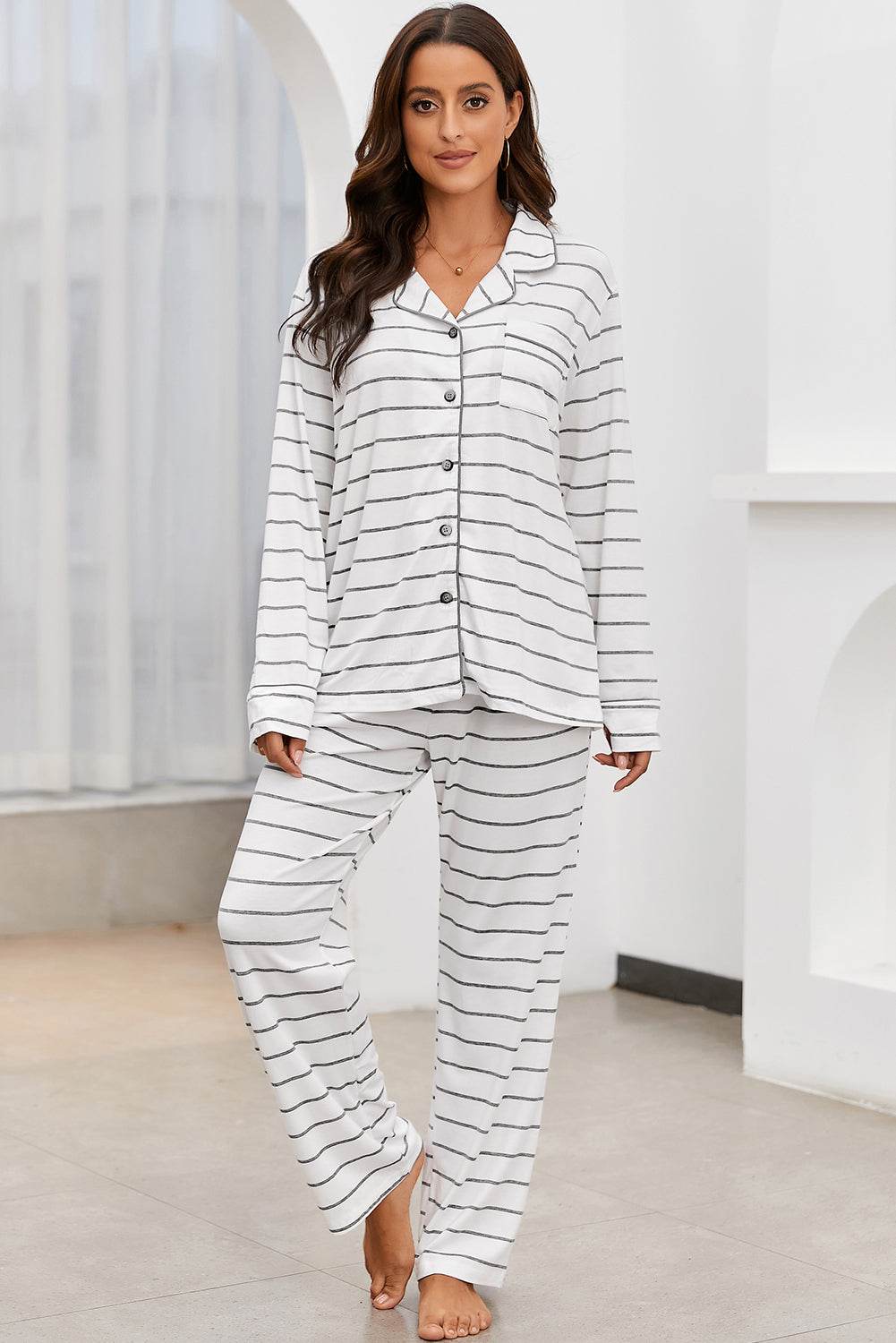 Striped V-Neck Long Sleeve Top and Pants Lounge Set - Velveta Studio