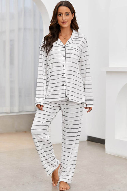 Striped V-Neck Long Sleeve Top and Pants Lounge Set - Velveta Studio