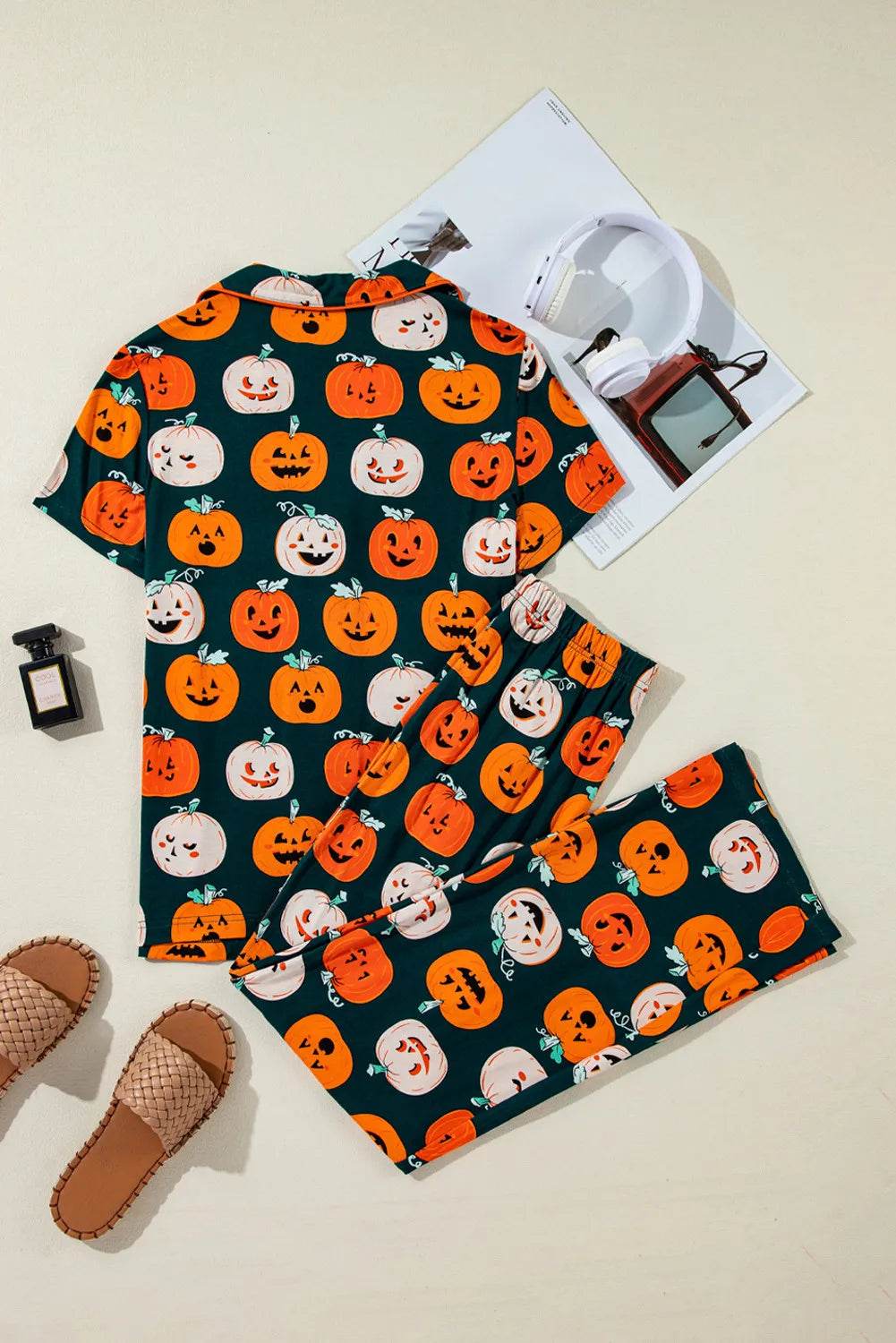 Pumpkin Printed Short Sleeve Top and Pants Lounge Set - Velveta Studio