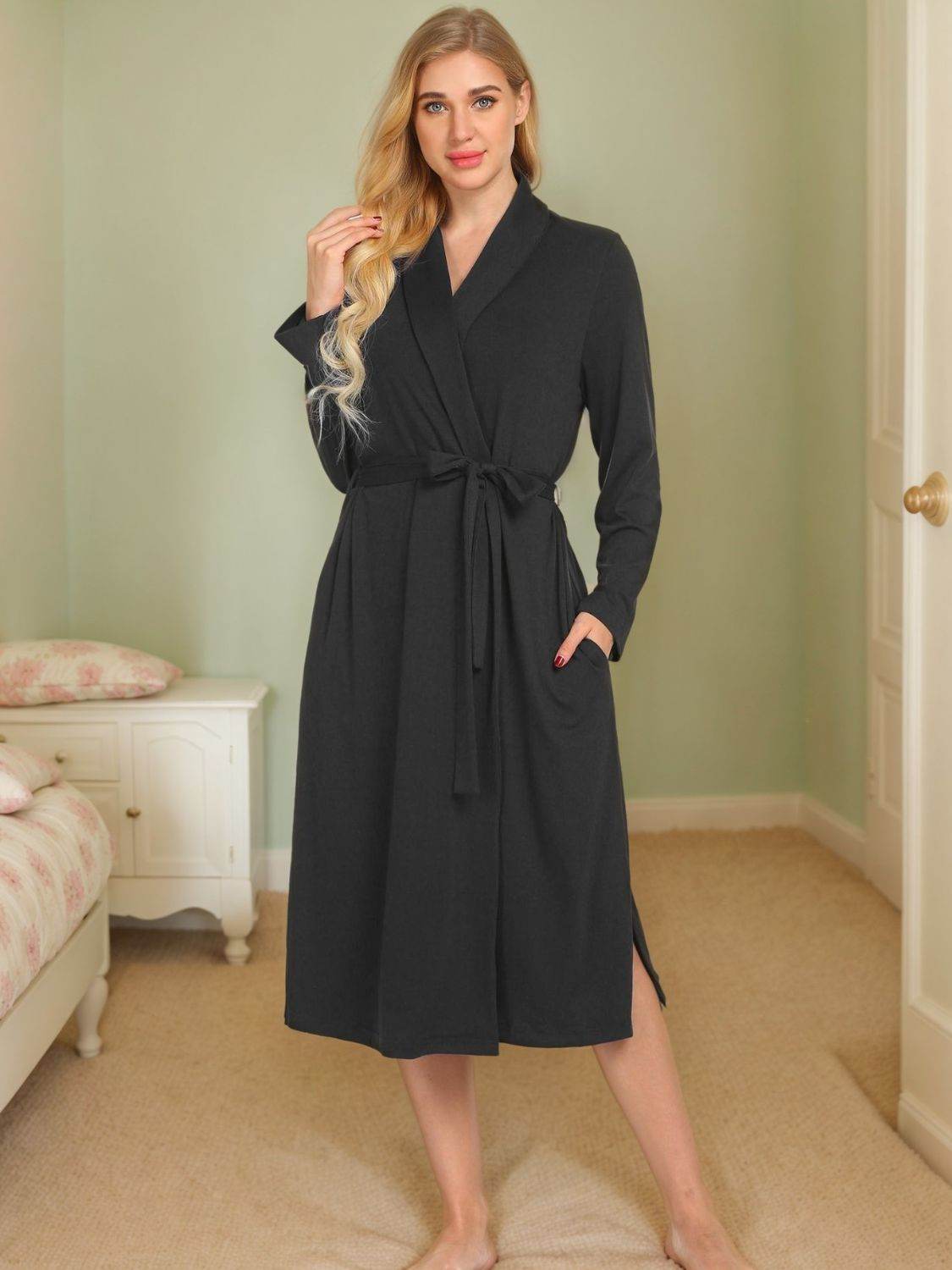 Tied Lounge Nightgown with Pockets - Velveta Studio