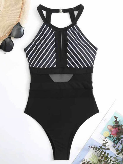 Mesh Detail Cutout Backless One-Piece Swimsuit – Striped, Padded, Stretchy - Velveta Studio