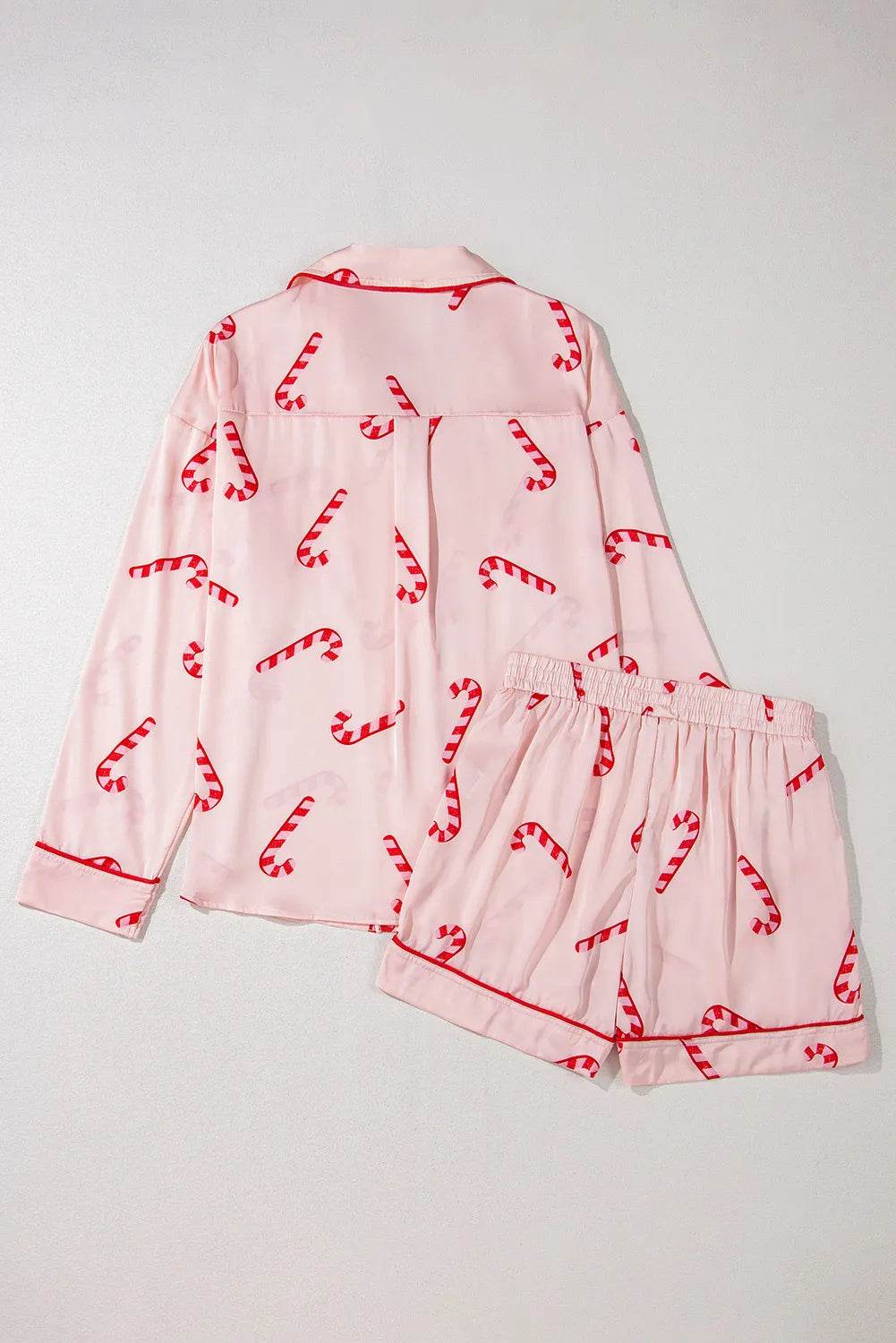 Candy Cane Collared Neck Long Sleeve Top and Shorts Lounge Set - Velveta Studio