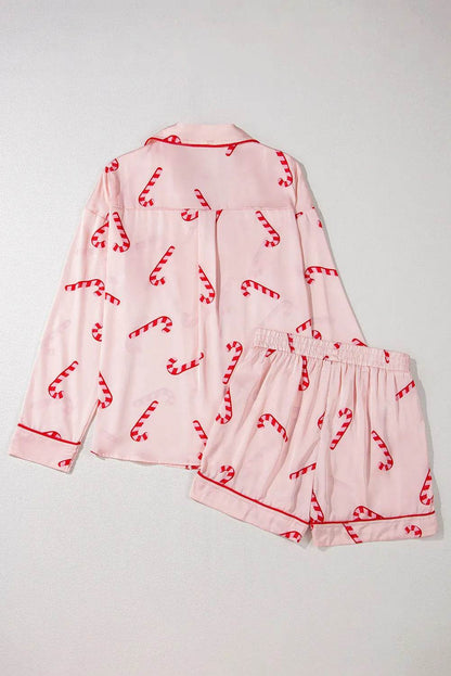 Candy Cane Collared Neck Long Sleeve Top and Shorts Lounge Set - Velveta Studio