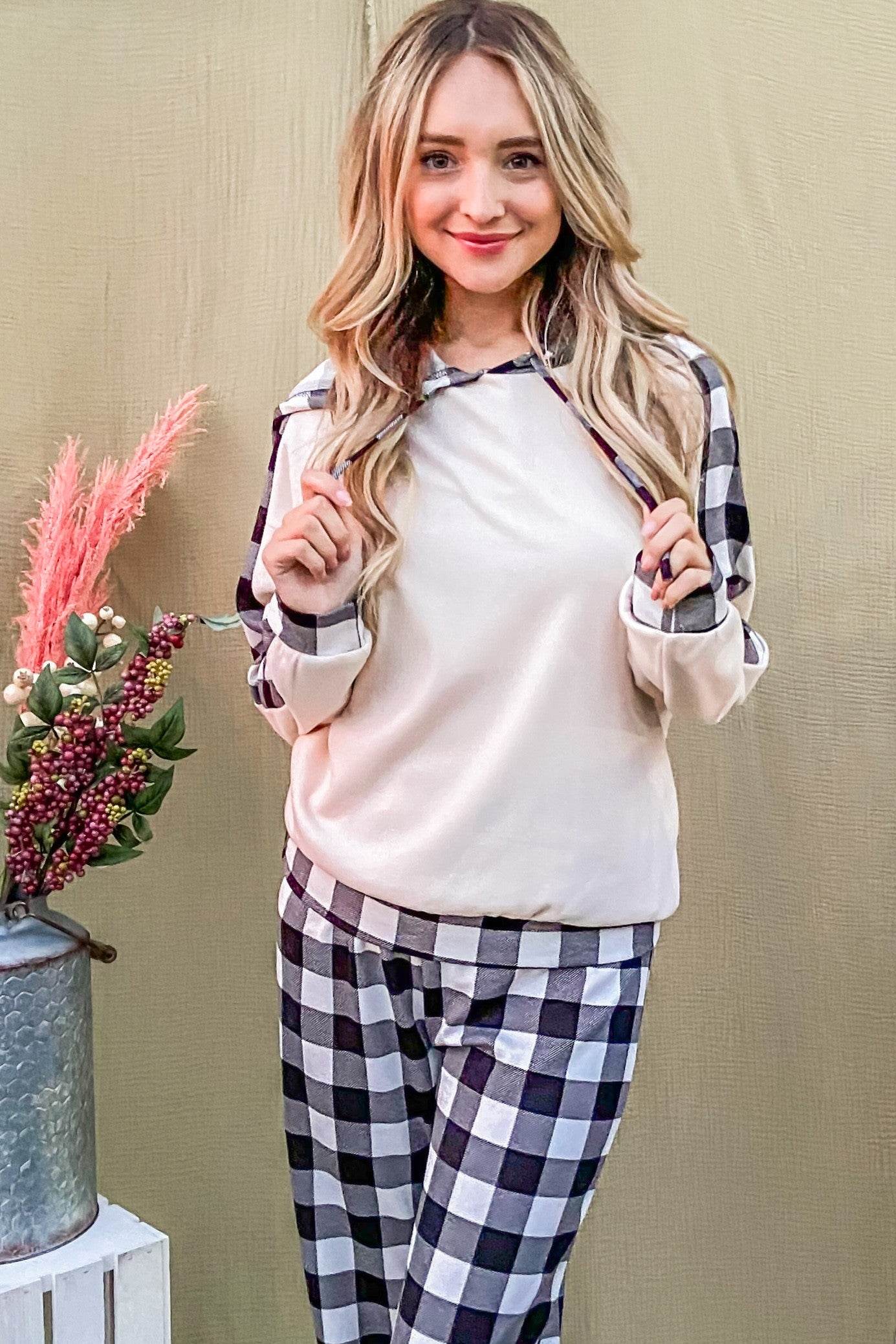 And The Why Drawstring Hooded Top and Plaid Pants Lounge Set - Velveta Studio