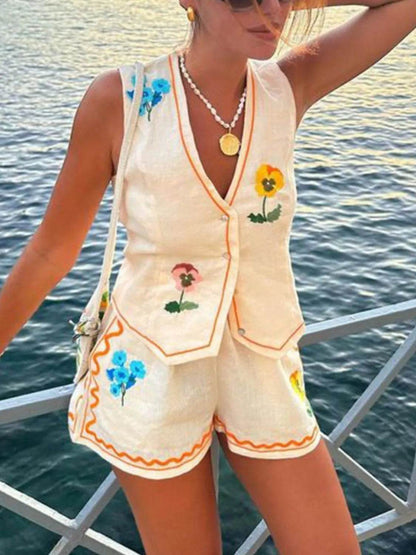 Embroidered V-Neck Vest and Shorts Set - Velveta Studio